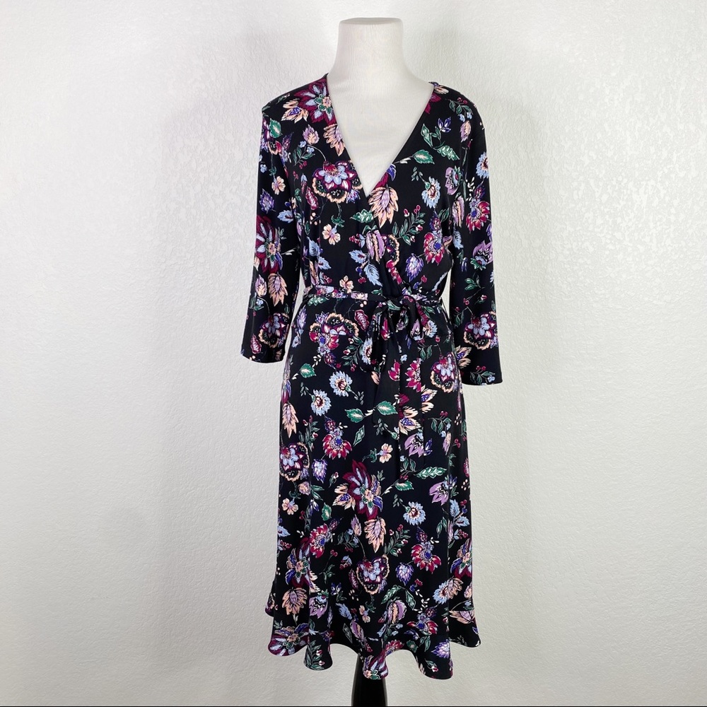 Leota Black & Multi Color Stretch Jersey Faux Wrap Dress